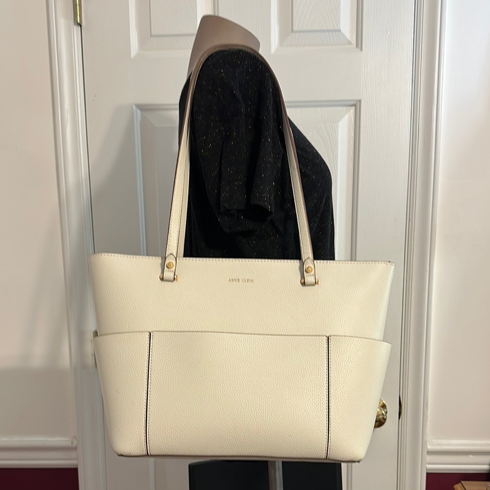 Anne Klein Cream Textured Tote Bag With Matching Crossbody